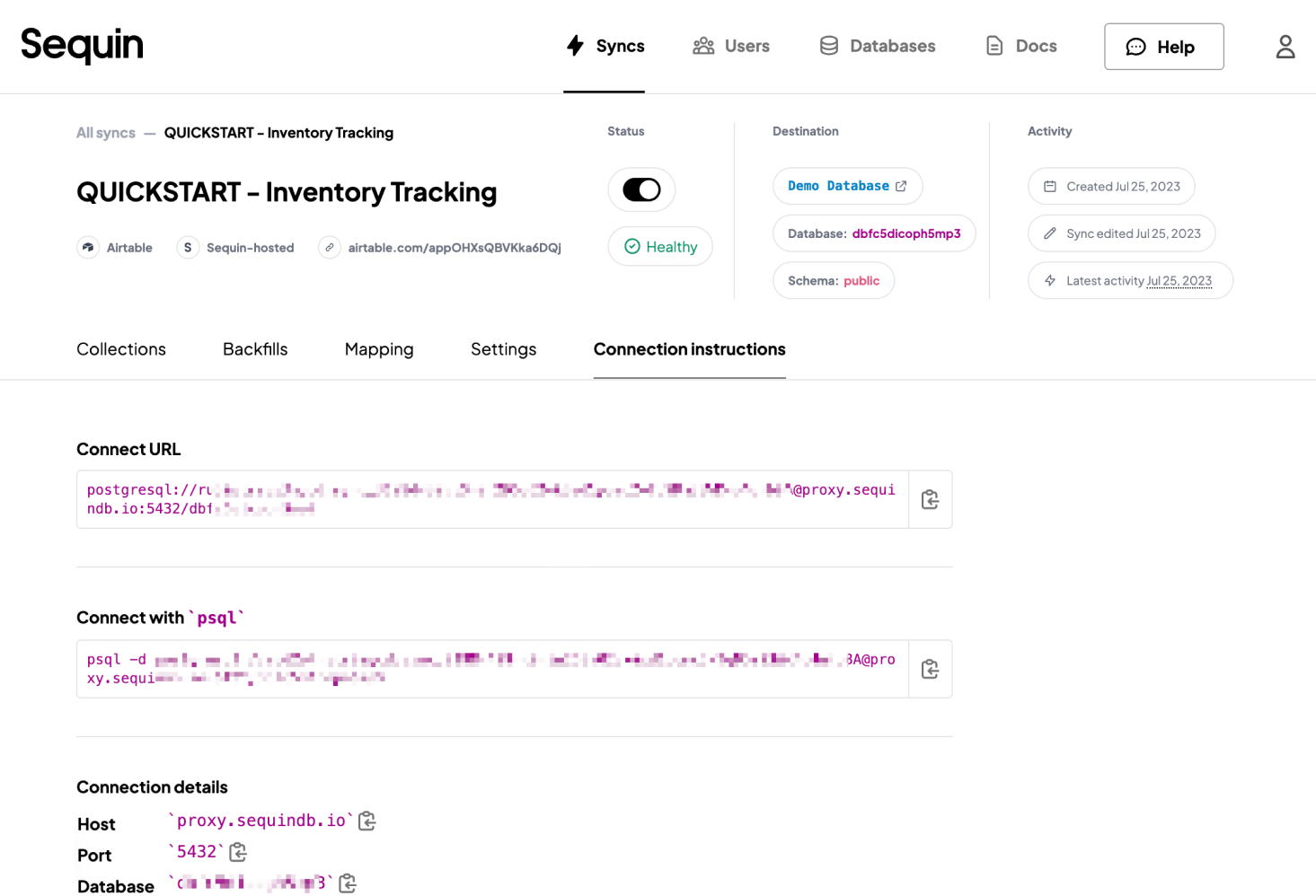 Sequin Console, showing the connection instructions page which lists the credentials for connecting to the Postgres database Sequin Console, showing the connection instructions page which lists the credentials for connecting to the Postgres database